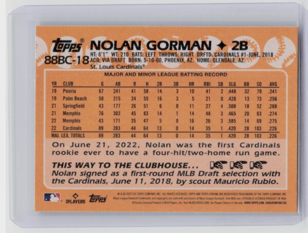 2023 Topps Chrome Nolan Gorman #88BC-18 Cardinals 1988 Topps Baseball - Image 3