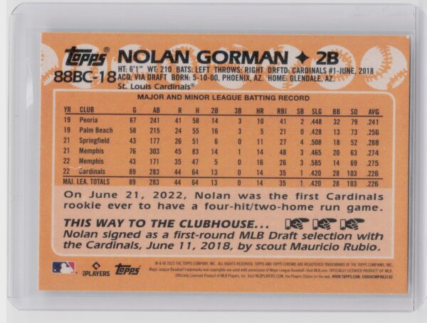2023 Topps Chrome Nolan Gorman #88BC-18 Cardinals 1988 Topps Baseball - Image 3
