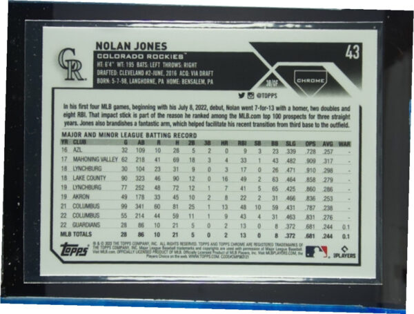 2023 Topps Chrome Nolan Jones RC #43 Rockies - Image 3