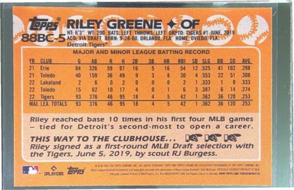 2023 Topps Chrome Riley Greene RC #88BC-5 Tigers 1988 Topps 35th Anniversary - Image 3