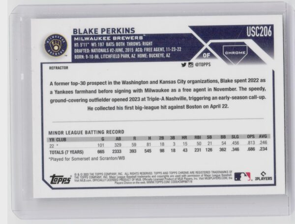 2023 Topps Chrome Update Blake Perkins Refractor #USC206 Brewers - Image 3