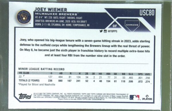2023 Topps Chrome Update Joey Wiemer Prism RC #USC80 Brewers - Image 3