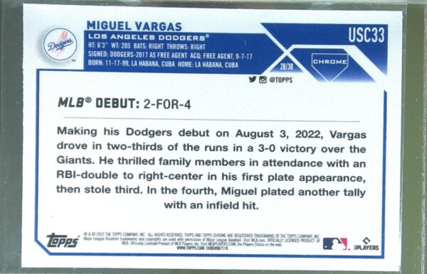 2023 Topps Chrome Update Miguel Vargas Refractor RC #USC33 Dodgers - Image 3