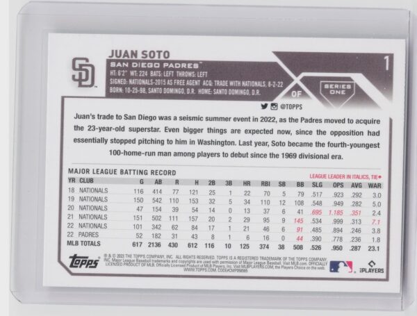 2023 Topps Juan Soto #1 Padres - Image 3