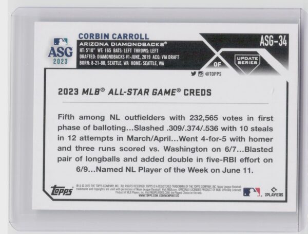 2023 Topps Update Corbin Carroll Rookie #ASG-34 Diamondbacks 2023 All Star Game - Image 3