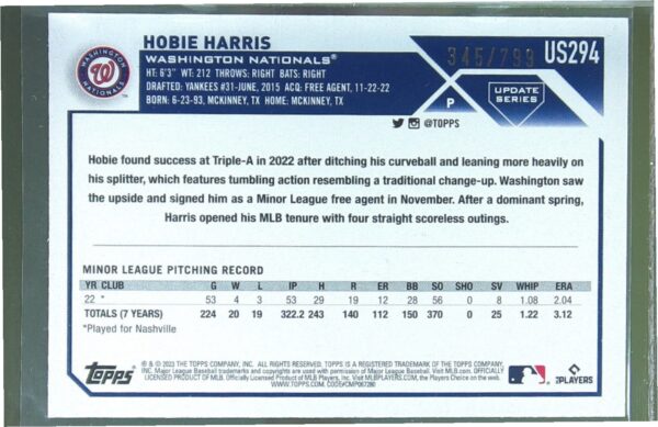 2023 Topps Update Hobie Harris Purple Foil /799 RC #US294 Nationals - Image 3