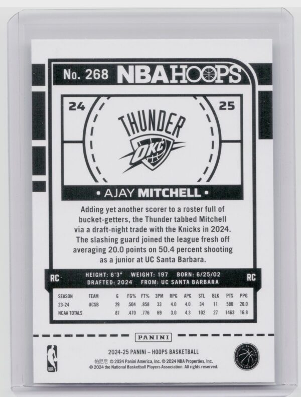 2024-25 Hoops Ajay Mitchell RC #268 Thunder - Image 3