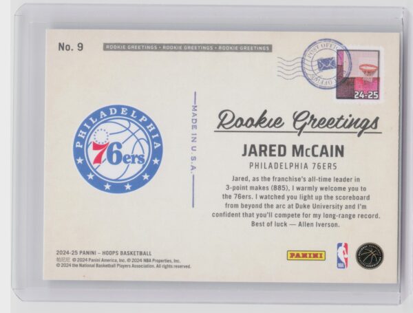 2024-25 Hoops Jared McCain RC #9 76ers Rookie Greetings - Image 3