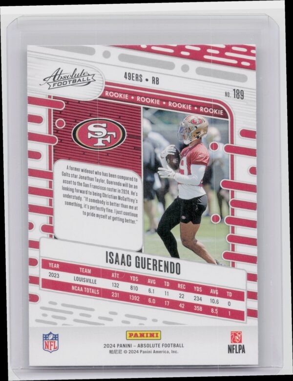 2024 Absolute Isaac Guerendo Red and Blue RC 189 49ers - Image 3