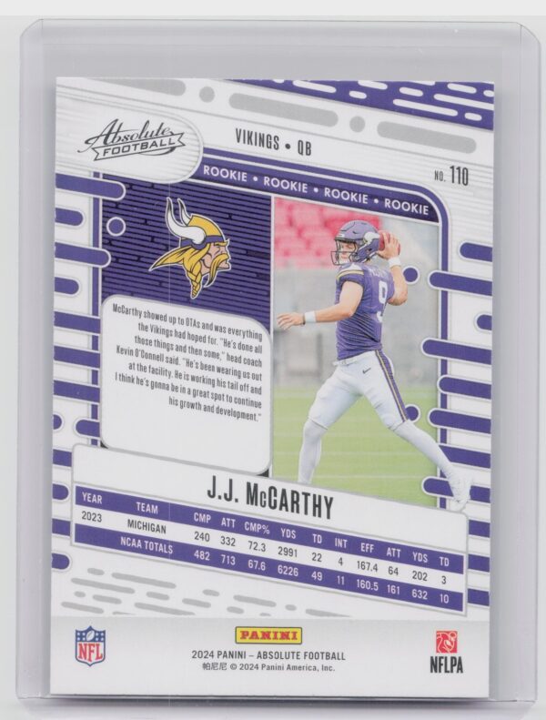 2024 Absolute J.J. McCarthy Red and Blue RC 110 Vikings - Image 3