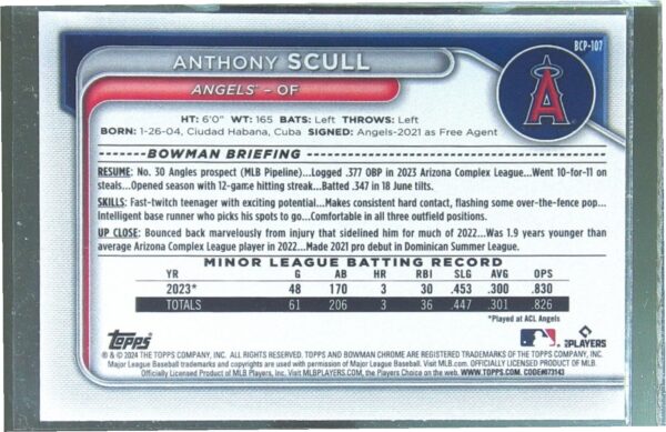 2024 Bowman Anthony Scull #BCP-107 Angels Chrome Prospects Lunar Glow Refractors - Image 3