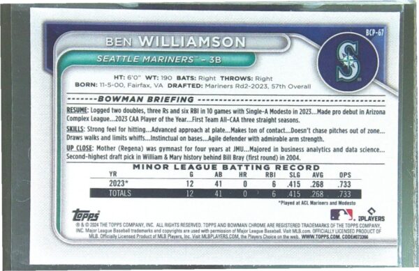 2024 Bowman Ben Williamson #BCP-67 Mariners Chrome Prospects Mojo Refractors - Image 3