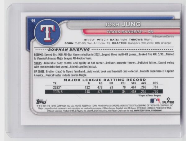 2024 Bowman Chrome Josh Jung #99 Rangers - Image 3