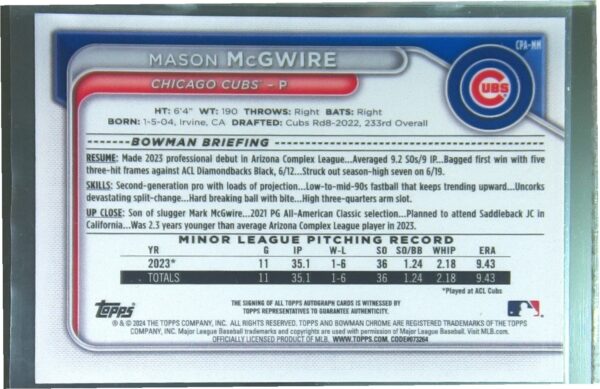2024 Bowman Chrome Mason McGwire Auto #CPA-MM Cubs Prospects Autographs - Image 3