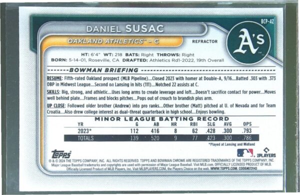 2024 Bowman Daniel Susac /499 #BCP-42 Athletics Chrome Prospects Refractors - Image 3