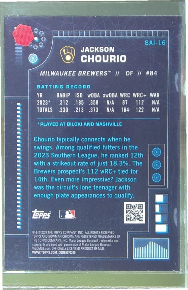 2024 Bowman Jackson Chourio #BAI-16 Brewers Bowman A.I. - Image 3