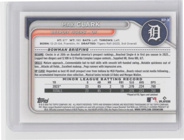 2024 Bowman Max Clark #BCP-74 Tigers Chrome Prospects Mojo Refractors - Image 3
