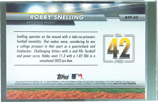 2024 Bowman Robby Snelling #BTP-42 Padres Bowman Scouts' Top 100 - Image 3