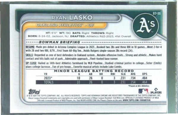 2024 Bowman Ryan Lasko #BCP-105 Athletics Chrome Prospects Lunar Glow Refractors - Image 3