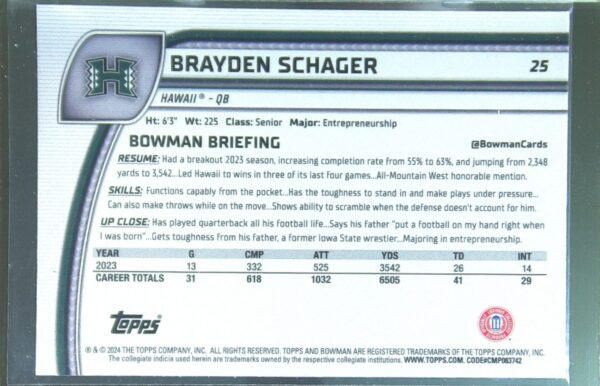 2024 Bowman University Chrome Brayden Schager Pink Lava Refractor RC 25 Warriors - Image 3