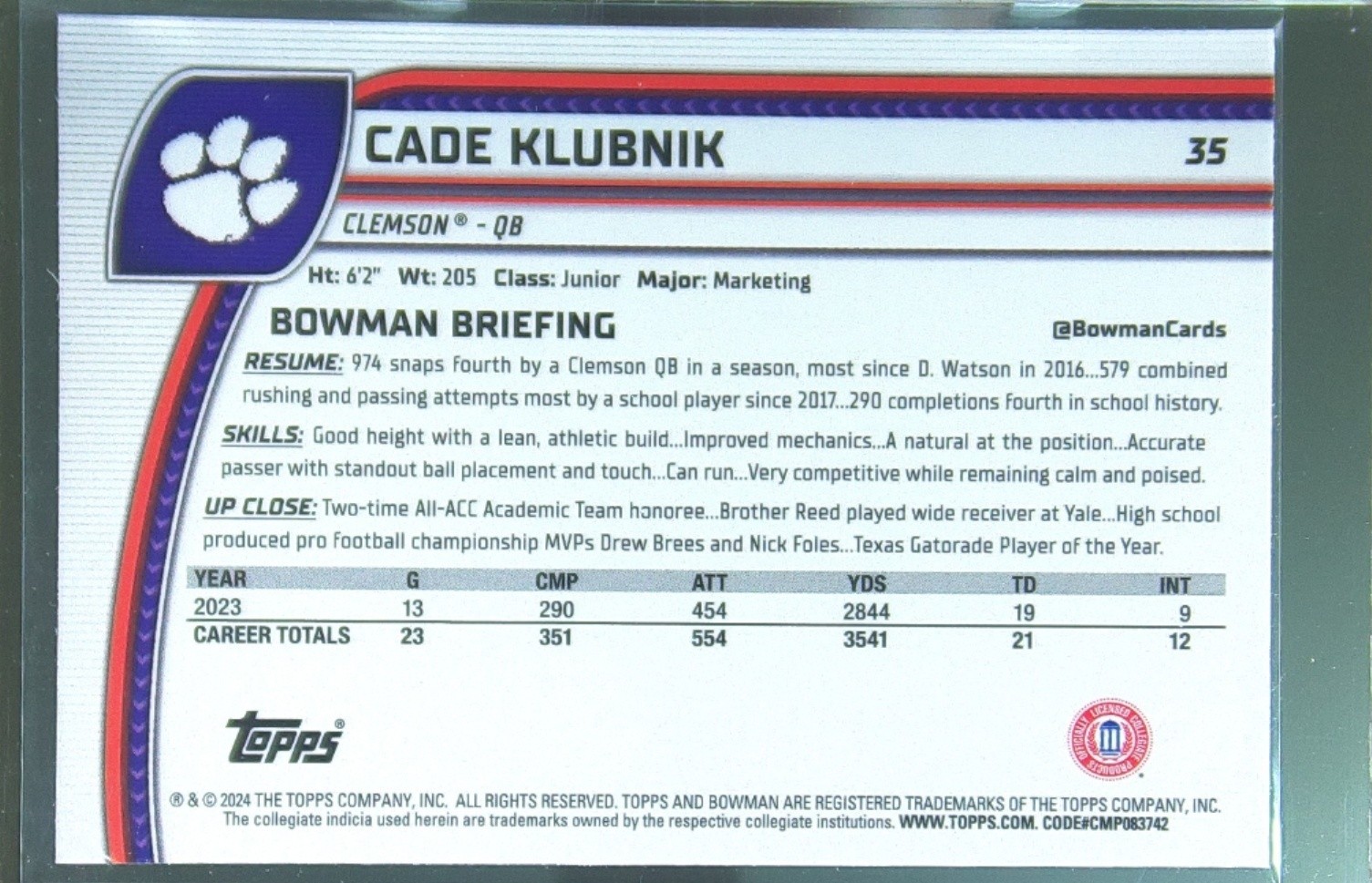 2024 Bowman University Chrome Cade Klubnik #35 Tigers - Image 3