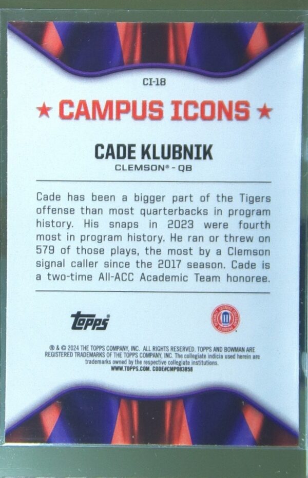 2024 Bowman University Chrome Cade Klubnik CI-18 Tigers Campus Icons - Image 3