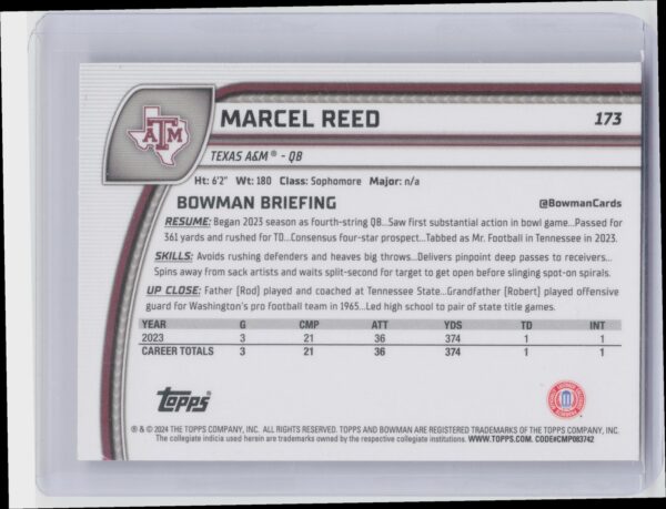 2024 Bowman University Chrome Marcel Reed Pink Lava Refractor 173 Aggies - Image 3