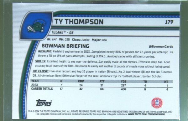 2024 Bowman University Chrome Ty Thompson Pink Lava Refractor RC 179 Wave - Image 3