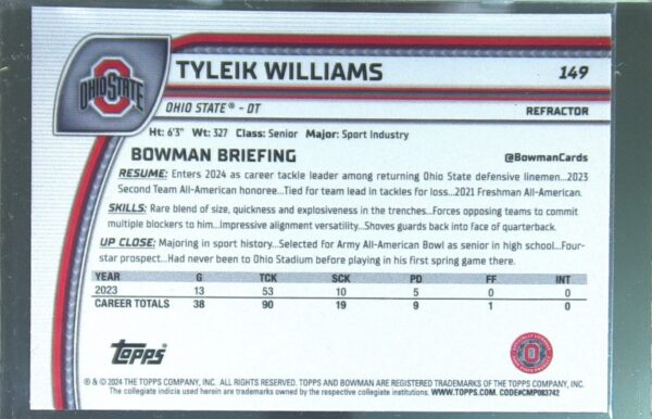 2024 Bowman University Chrome Tyleik Williams Refractor RC 149 Buckeyes - Image 3