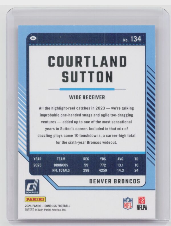 2024 Donruss Courtland Sutton Press Proof Red 134 Broncos - Image 3