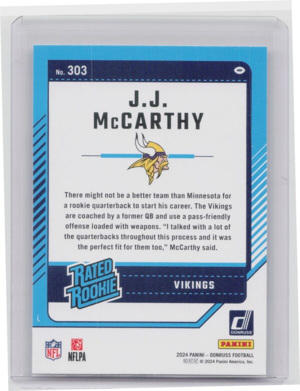 2024 Donruss J.J. McCarthy RC 303 Vikings - Image 3
