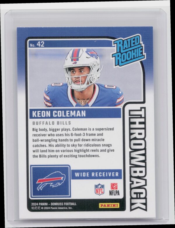 2024 Donruss Keon Coleman 42 Bills Rated Rookies Throwback - Image 3