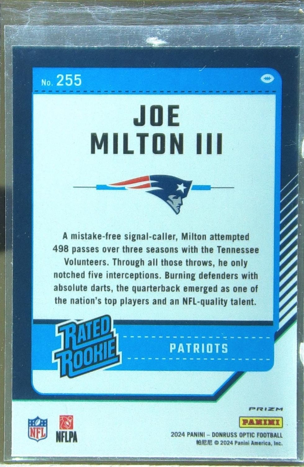 2024 Donruss Optic Joe Milton III Purple Shock RC #255 Patriots - Image 3