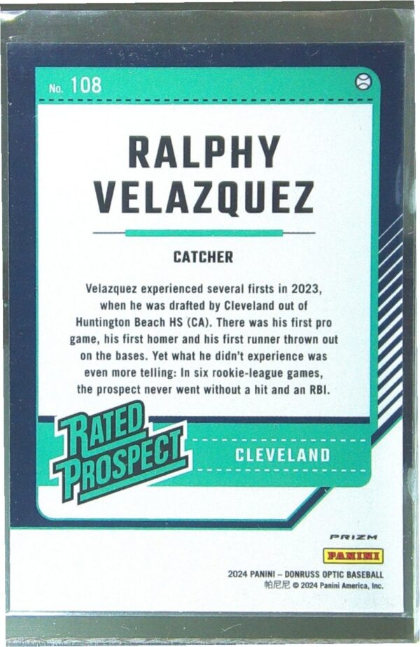 2024 Donruss Ralphy Velazquez Optic Orange Velocity Prizm #108 Guardians - Image 3