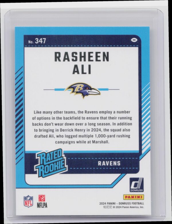 2024 Donruss Rasheen Ali Rated Rookie RC 347 Ravens - Image 3