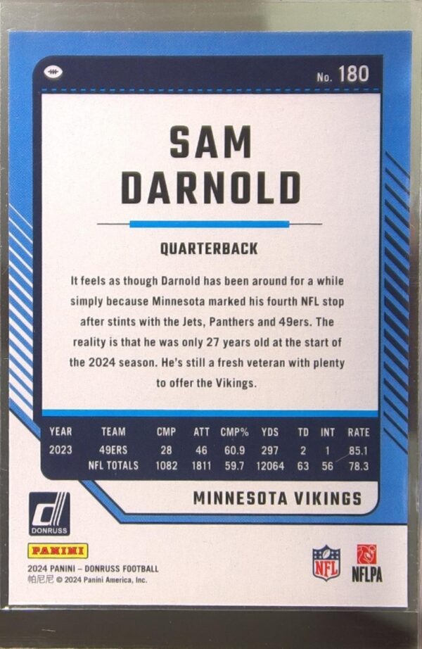 2024 Donruss Sam Darnold Press Proof Green 180 Vikings - Image 3