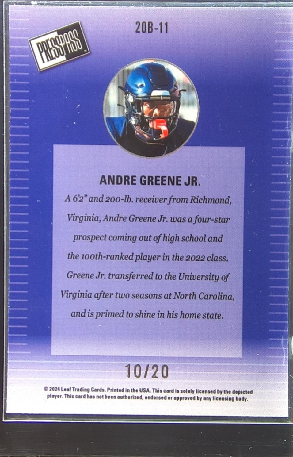2024 Leaf Collective Andre Greene Jr. /20 #20B-11 Cavaliers PressPass Shim Blue - Image 3