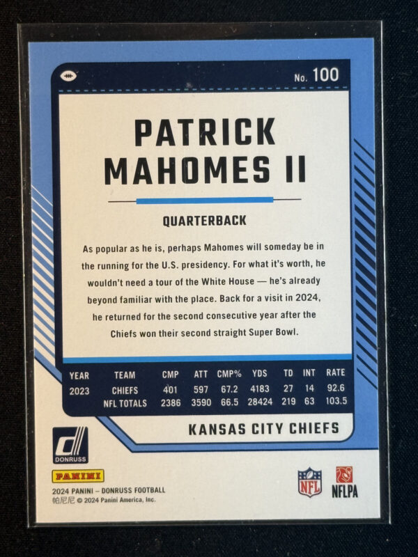2024 Panini Donruss Patrick Mahomes II Purple Press Proof SP #100 - Image 3