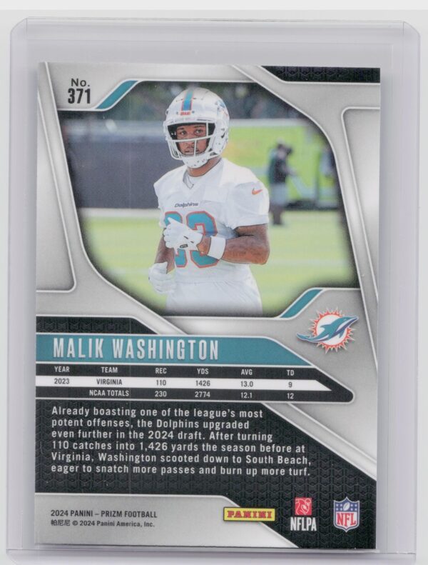 2024 Prizm Malik Washington RC 371 Dolphins - Image 3