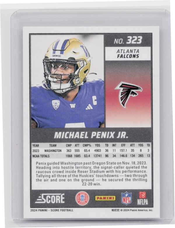 2024 Score Michael Penix Jr. RC #323 Falcons - Image 3