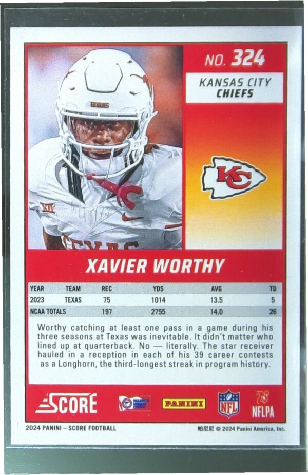 2024 Score Xavier Worthy RC #324 Chiefs - Image 3