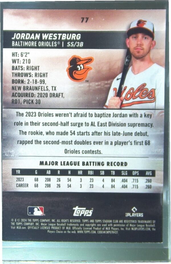 2024 Stadium Club Jordan Westburg RC #77 Orioles - Image 3