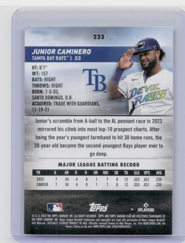 2024 Stadium Club Junior Caminero RC #223 Rays - Image 3