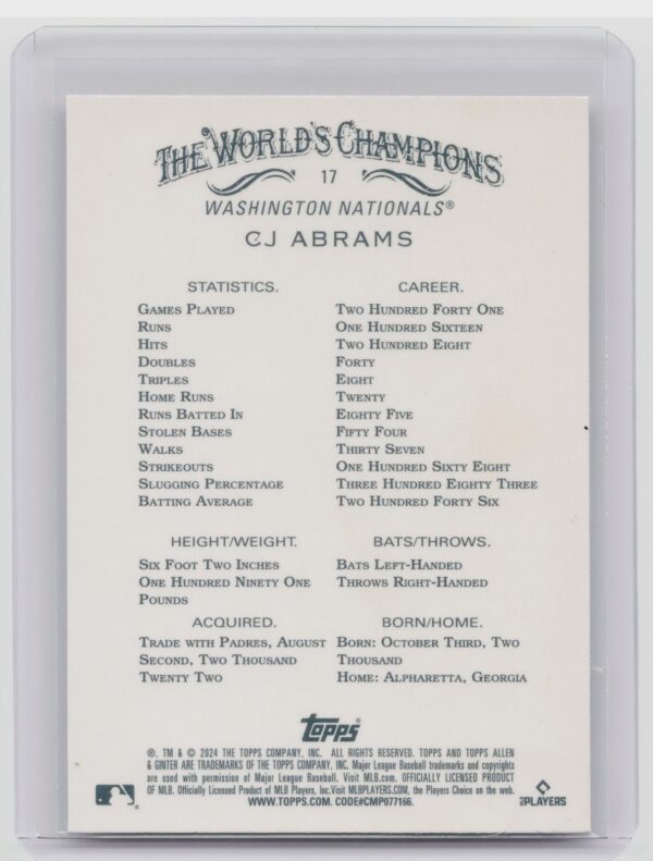 2024 Topps Allen & Ginter CJ Abrams Silver Portrait #17 Nationals - Image 3