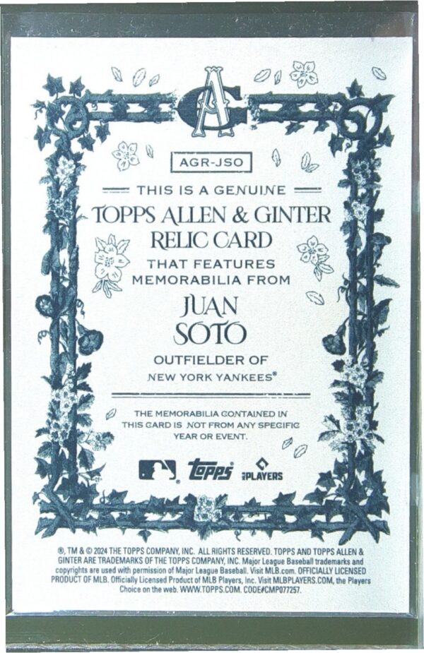 2024 Topps Allen & Ginter Juan Soto JSY #AGR-JSO Yankees Full Size Relics B - Image 3