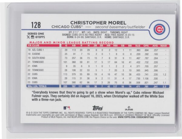 2024 Topps Christopher Morel Future Stars #128 Cubs - Image 3