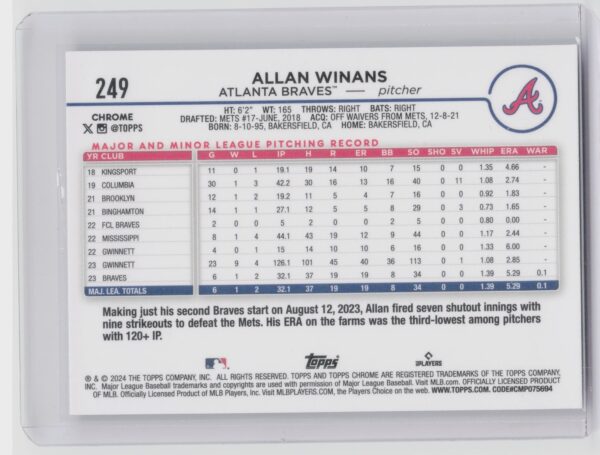 2024 Topps Chrome Allan Winans RC #249 Braves - Image 3