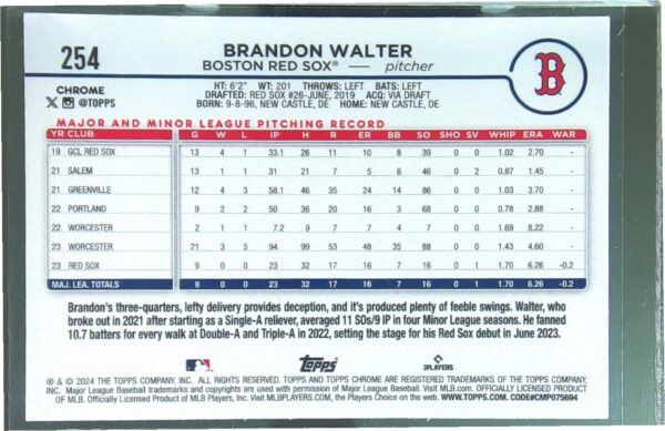 2024 Topps Chrome Brandon Walter X Fractors RC #254 Sox - Image 3