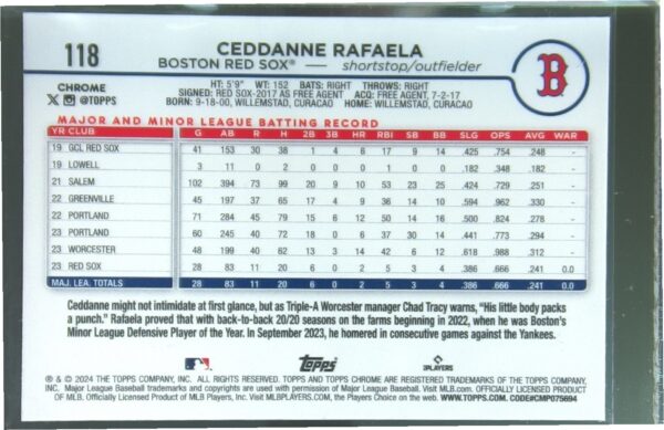 2024 Topps Chrome Ceddanne Rafaela RC #118 Sox - Image 3