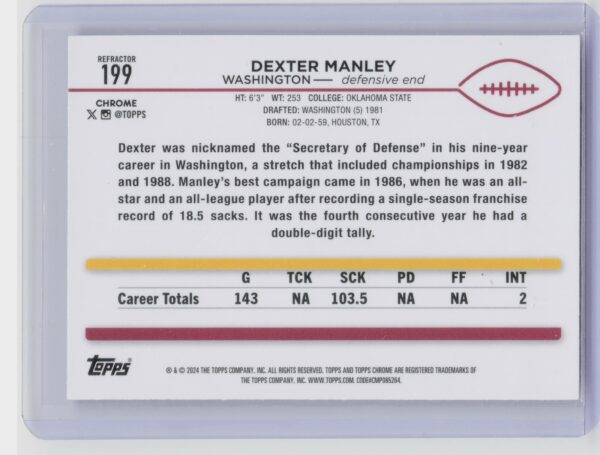 2024 Topps Chrome Dexter Manley Refractor #199 Redskins - Image 3